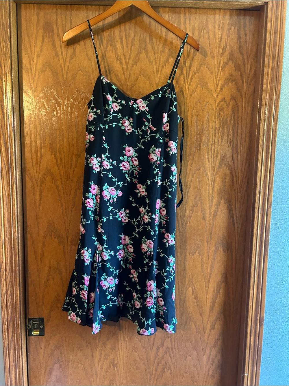 Black Floral Slip Dress with Pink Roses